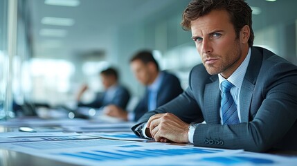 Professional businessman analyzing financial reports in a modern office environment during a meeting with colleagues