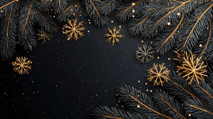 Black festive banner with fir branches and golden shiny snowflakes with generative ai