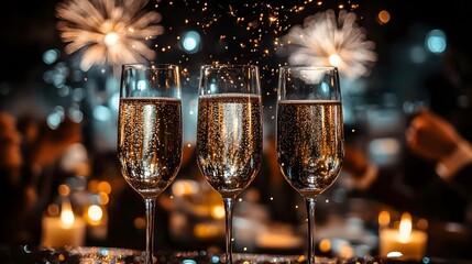 Elegant Celebration Toast Sparkling Champagne Glasses Fireworks Cheers Party