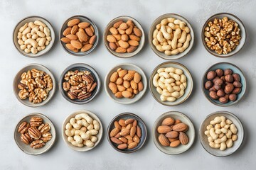 An assortment of nuts displayed in small bowls for snacking or culinary use.