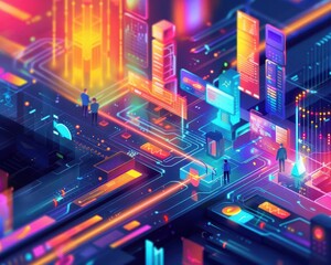 Obraz premium Digital content development with vibrant graphics, innovative and dynamic, Digital, Bright hues, Illustration, Business innovation