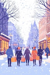 Obraz premium A festive cityscape with people carrying shopping bags on a snowy street adorned with snowflakes, showcasing the joy of holiday shopping amidst urban architecture.