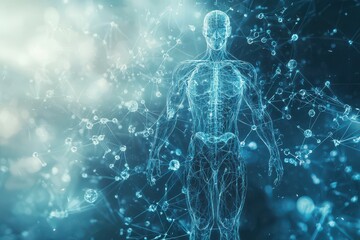 Digital holographic representation illustrating the complexity of the human body with molecular structures and connections