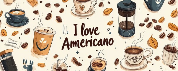 Seamless pattern featuring coffee cups, beans, and the phrase 'I love Americano' in an artistic style