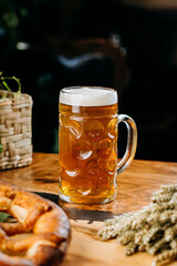 Cold frothy beer in traditional mug, Oktoberfest celebrations, showcasing brewery freshness