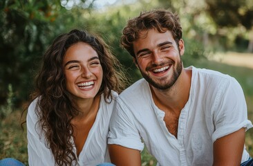 Obraz premium Young couple in white shirts smiling joyfully together in an outdoor setting, showcasing happiness, love, and companionship