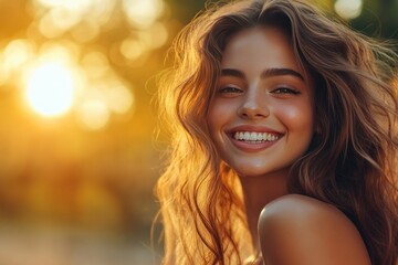 Obraz premium Joyful Young Woman Smiling in Golden Sunset Glow