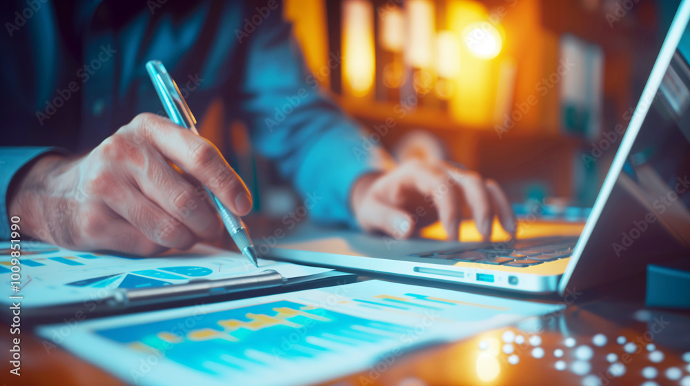 Wall mural close-up of a person's hands analyzing financial charts and graphs on paper, while working on a lapt