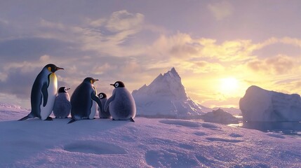   A group of penguins huddled together atop a snow-capped hill, surrounded by icebergs