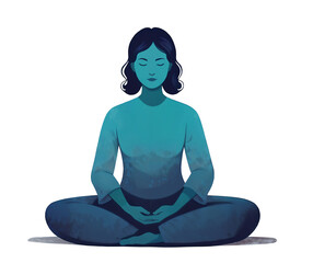 Illustration of a Woman Practicing Mindfulness through Yoga Meditation in a Watercolor Style, while sitting in Lotus Pose with cool blue color tones