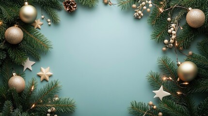 Christmas and new year background concept. Top view of Christmas ball, christmas brance, star and snowflake on dark background. with generative ai