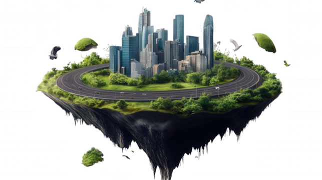 Floating Cityscape isolated on Transparent Background PNG - Powered by Adobe