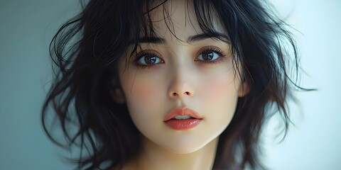 Fototapeta premium A young woman with dark hair and warm brown eyes stares intently at the camera. She has soft, rosy cheeks and a light, natural makeup look.