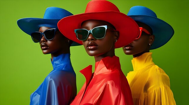 Three stylish supermodels in red, blue and yellow, in sunglasses and bright hats on a green background. Fashion photo shoot, bright stylish images