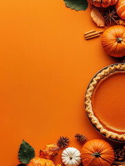 A vibrant autumn-themed still life with a pumpkin pie and assorted harvest decorations on an eye-catching orange background.