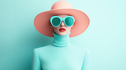 A stylish woman in pastel outfit, oversized sunglasses, and a wide-brimmed hat exudes retro charm against a solid background.