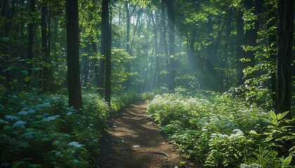 Obraz premium Forest hiking trails with dappled sunlight, serene and inviting, Nature, Soft greens, Photograph, Woodland walk