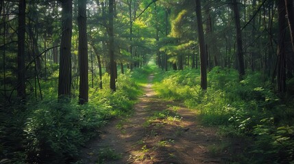 Forest hiking trails with dappled sunlight, serene and inviting, Nature, Soft greens, Photograph, Woodland walk