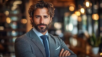 Obraz premium Confident businessman in a stylish suit poses in a modern office setting with warm lighting and a professional ambiance