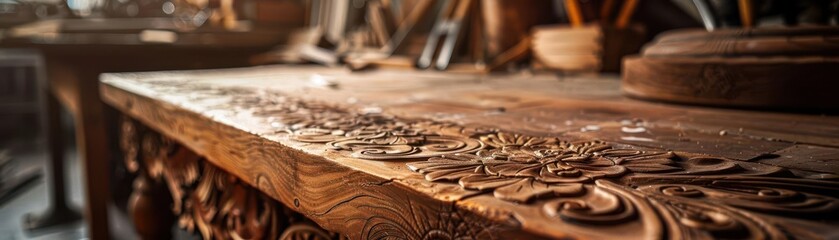 Handcrafted furniture making with intricate designs, artistic and rustic, Artisan, Soft tones, Photograph, Handmade beauty