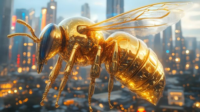A shiny golden bee sculpture soars above a cityscape, its wings catching the light.  This captivating image captures the beauty of urban life and the natural world coming together.