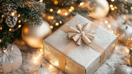 A carefully wrapped gift shines under a Christmas tree, surrounded by glowing lights and sparkling ornaments that enhance the festive atmosphere of the season