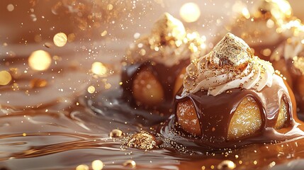   A golden-topped cake with chocolate drizzle