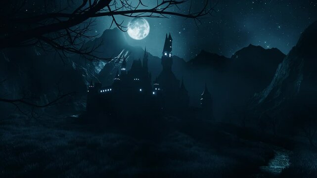 Foggy Castle in a Spooky Night with Flying Bats - Loop - Fantasy Landscape Background