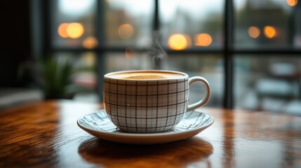 Obraz premium A steaming cup of coffee on a wooden table in a cozy café during a rainy afternoon