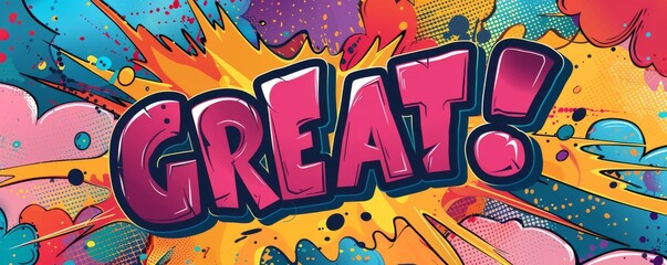 Colorful pop art background with "GREAT!" inside. Bold graphics, Explosion theme, Vibrant vector