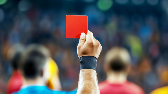 Close-up of a referee's hand holding up a red card during a soccer match, with blurred players in colorful jerseys visible in the background