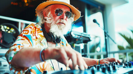 Vibrant elderly DJ in colorful Hawaiian shirt and straw hat operates mixing console, exuding cool vibes at a summer beach party