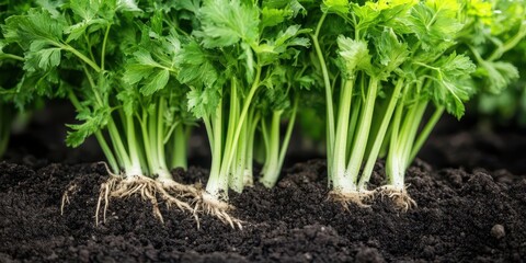 Fototapeta premium Fresh celery plants growing in soil, showcasing their roots and vibrant green leaves.