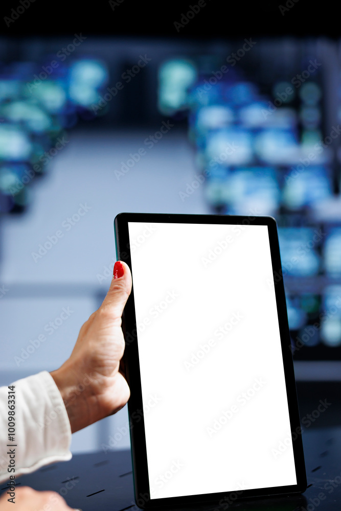 Poster close up shot of mock up tablet used by certified it specialist in data center using server clusters