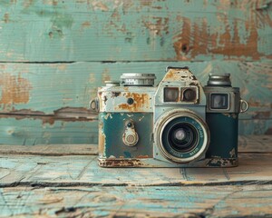 Retro camera on a rustic table, nostalgic and intricate, Urban, Soft tones, Photograph, Photography heritage