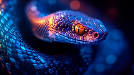 Fototapeta premium Intense Detail of Bright Colorful Snake with Purple Blue Colors neon color photo