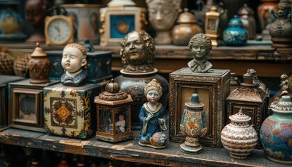 Fototapeta premium Retro collectibles with nostalgic designs, playful and intricate, Urban, Soft tones, Photograph, Historical charm