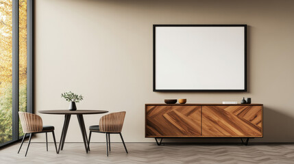 Minimalist dining room with a large framed artwork and a wooden sideboard.
