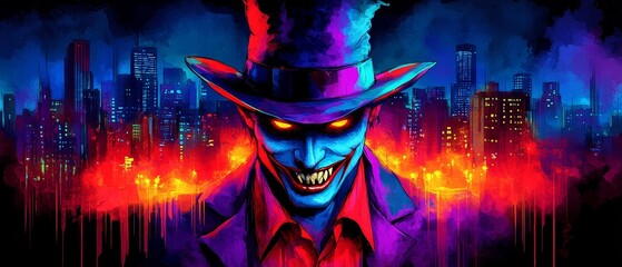 Fang-tastic Festivities: Playful Vampire in Party Hat Surrounded by Glowing Halloween Lights - Whimsical Watercolor Illustration with Space for Witty Text