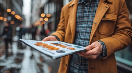 Business professional reviewing data analytics report in urban setting during late afternoon hours