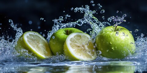 Fresh green apples and lemon slices splashing in water, showcasing freshness and vitality.
