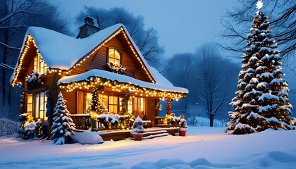A cozy, snow-covered cabin adorned with colorful lights and a decorated Christmas tree, creating a festive winter atmosphere.