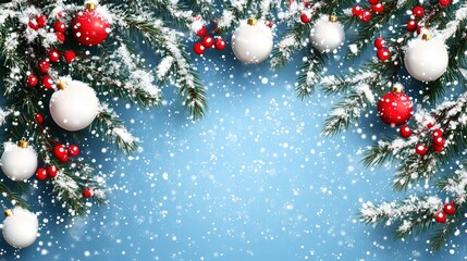 Christmas banner with fir branches and white and red decorations on blue background with snow. with generative ai
