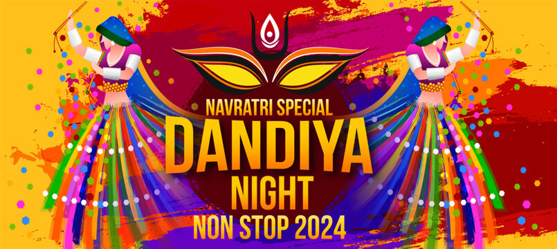 Vector design of Indian couple playing Garba in Dandiya Night  in disco  poster for Navratri Dussehra festival of India Invitation Card Background.