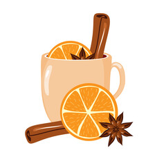 Illustration with cup of mulled wine with orange, cinnamon, anise cozy autumn or winter vector illustration hot drink isolated on white background 