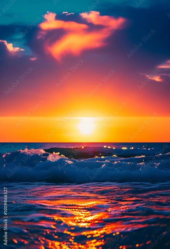 Poster The sun rises over the ocean, casting warm hues across the water. Waves gently roll in, creating bubbles that sparkle in the early light while clouds streak the sky in vibrant colors. Generative AI