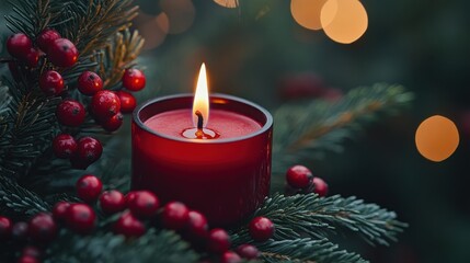 Close up of a candle in a spruce tree with berries