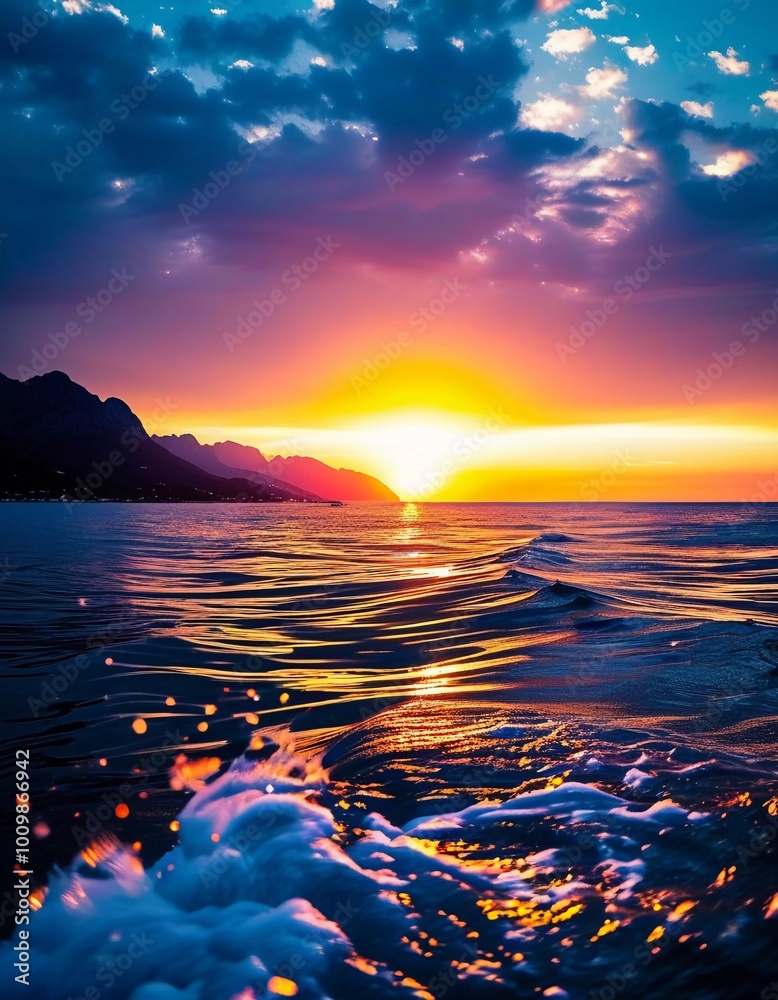 Poster The sun rises over the ocean, casting warm hues across the water. Waves gently roll in, creating bubbles that sparkle in the early light while clouds streak the sky in vibrant colors. Generative AI