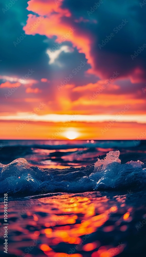 Poster The sun rises over the ocean, casting warm hues across the water. Waves gently roll in, creating bubbles that sparkle in the early light while clouds streak the sky in vibrant colors. Generative AI