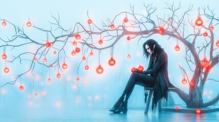 Fototapeta premium Glowing Vampire Rooftop Rendezvous: Hyper Realistic Halloween Night
